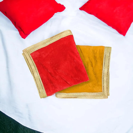 Velvet Chowki Aasan Cloth | Pooja Velvet Cloth for Mandir Decoration (Red & Yellow)
