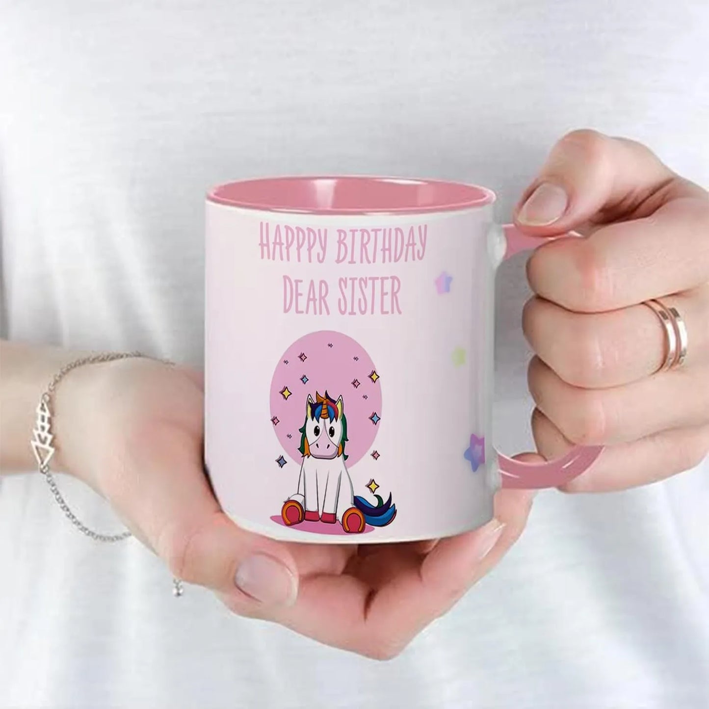 Happy Birthday Sister Printed Pink Inner Colour Ceramic Coffee Mug Best Gift for Sister