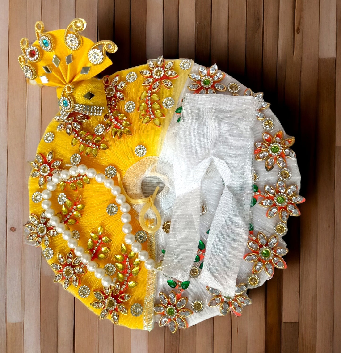 Handmade Laddu Gopal ji/Krishna ji Designer Dress with Artificial Mala, Pearl Stone With Pagdi (Yellow, Size- 4)